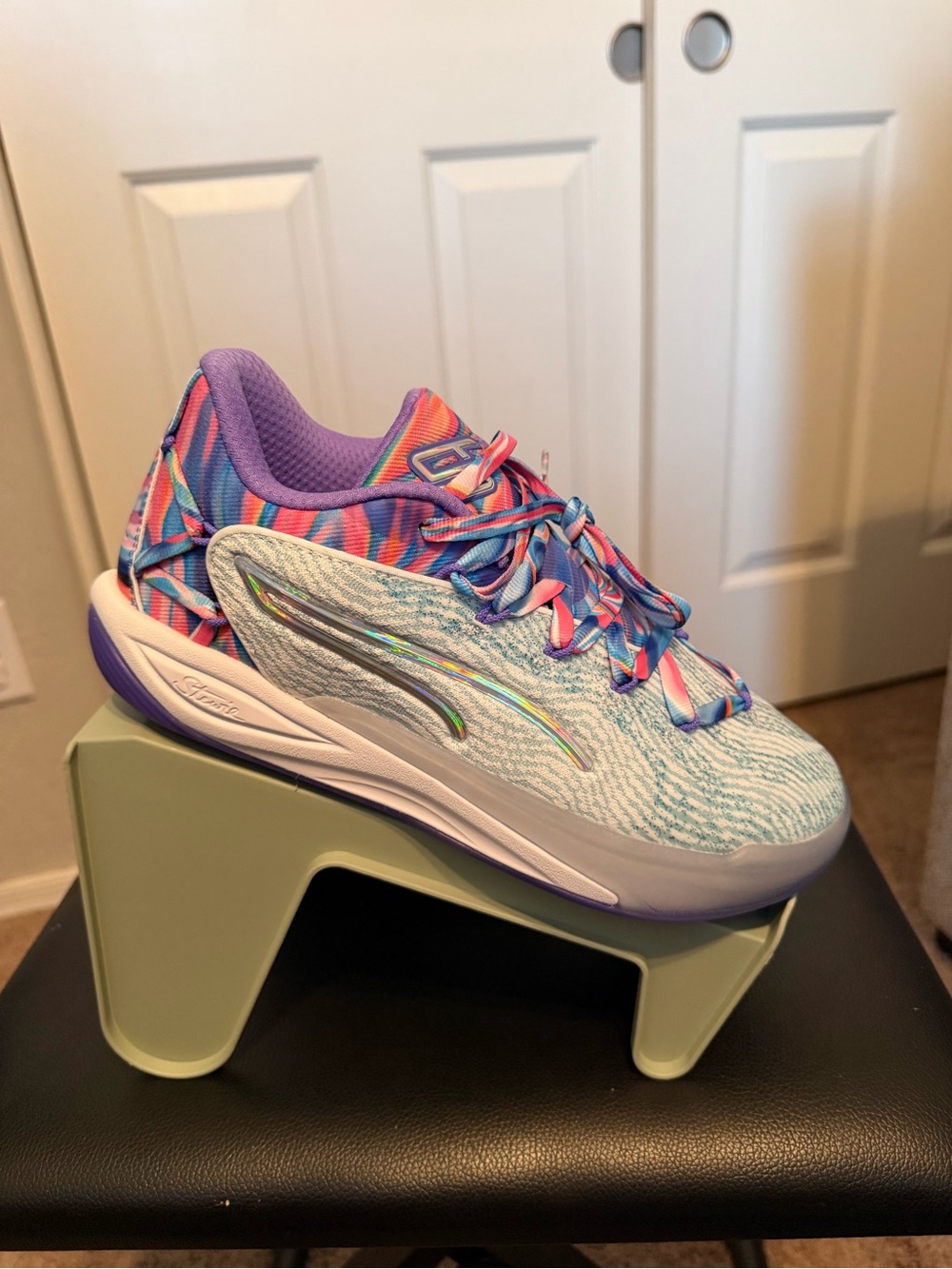 Puma Stewie 4 Prism W basketball shoes featuring a "Puma White-Light Aqua"